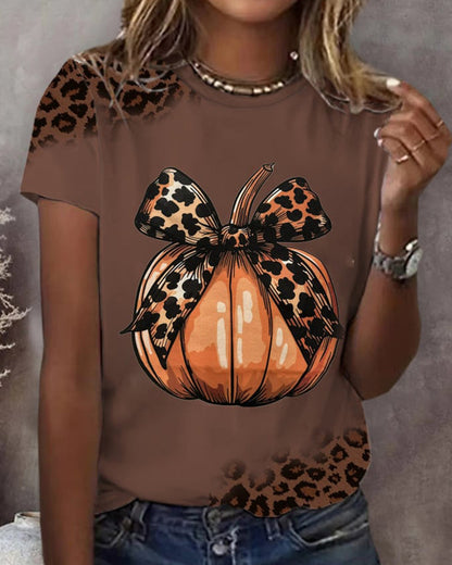 Women's Halloween Leopard Print Pumpkin Print Casual V-Neck T-Shirt 2024 f/w halloween spring summer t-shirts