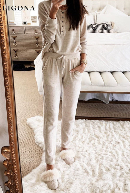 Apricot Long Sleeve Button Top and Drawstring Pants Set Apricot 85%Polyester+10%Cotton+5%Elastane 2 piece All In Stock clothes long sleeve setv lounge wear loungewear Occasion Home pants sets Print Solid Color Season Winter set Style Casual