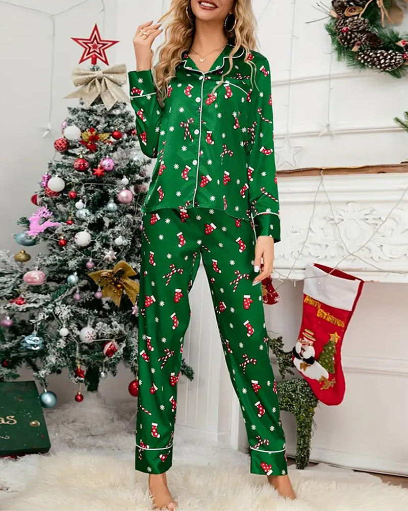 Cozy Christmas Socks Print Pajama Set 2024 f/w christmas two-piece sets