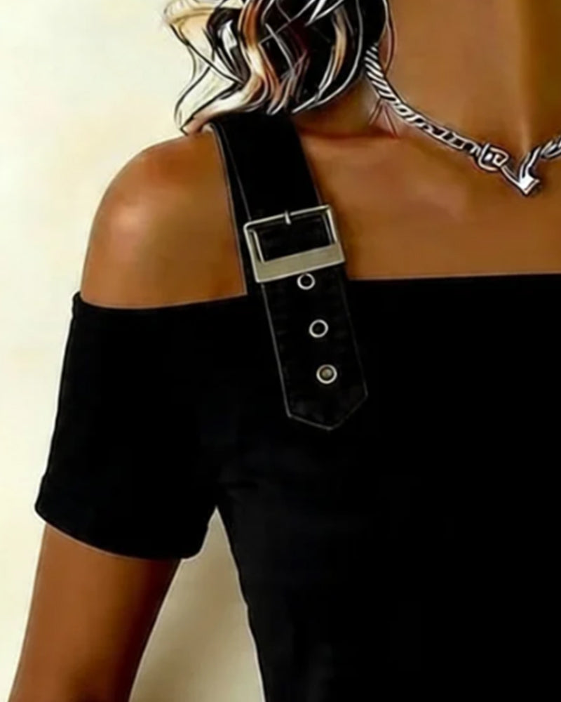 Slider buckle Off-Shoulder Solid Color Relaxed T-Shirt
