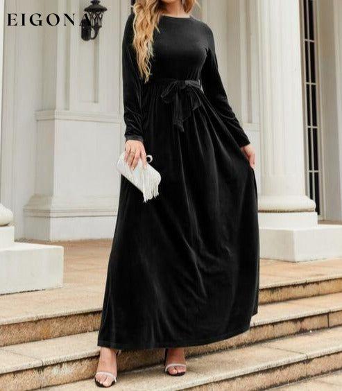 Tie Front Round Neck Long Sleeve Maxi Dress Black A@Y@Y clothes Ship From Overseas