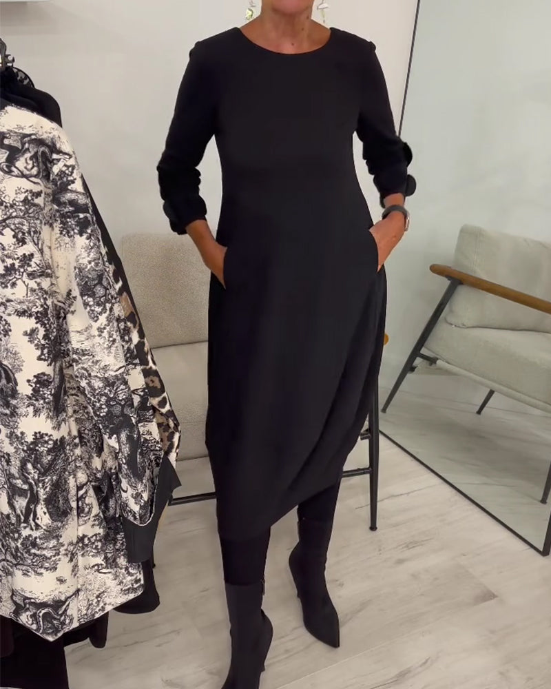 Crewneck Loose Fit Draped Casual Dress
