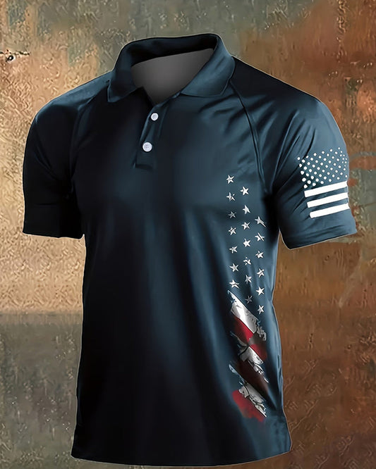 Lapel Stars And Stripes Short Sleeve T-Shirt spring summer t-shirts man