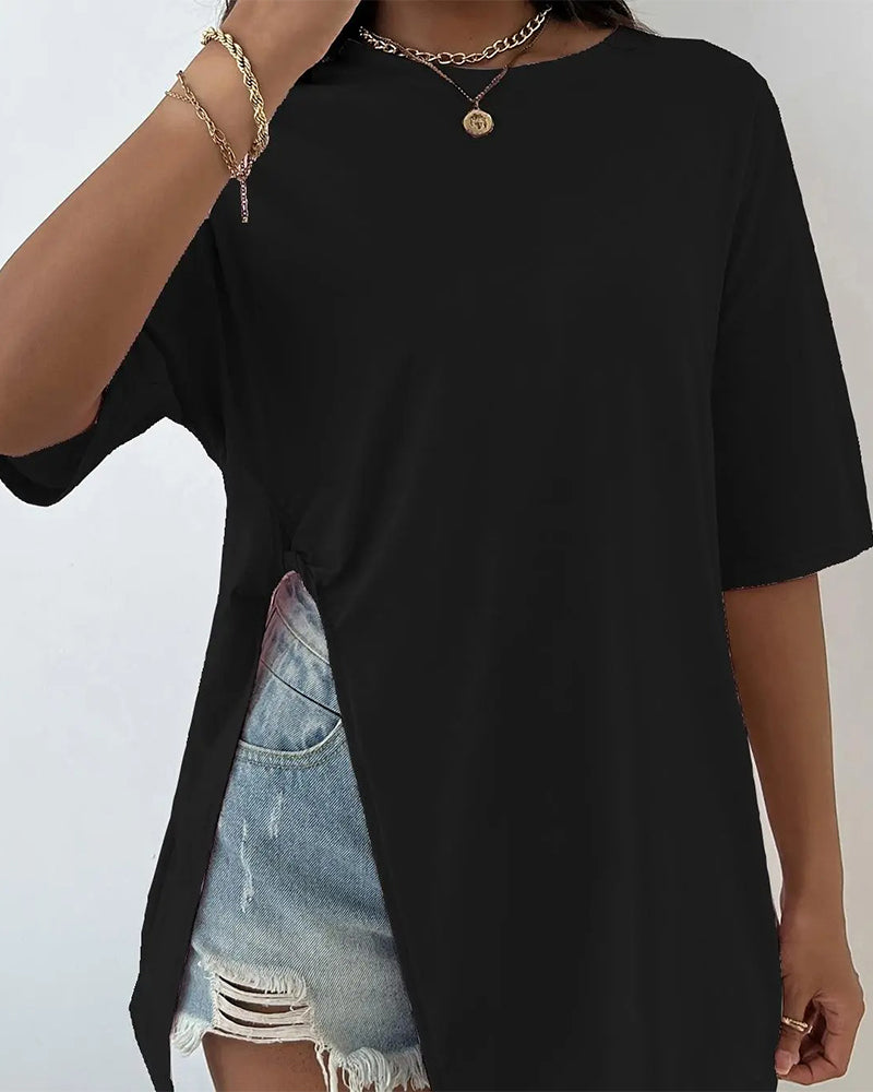 Round Neck Split Short Sleeve T-Shirt