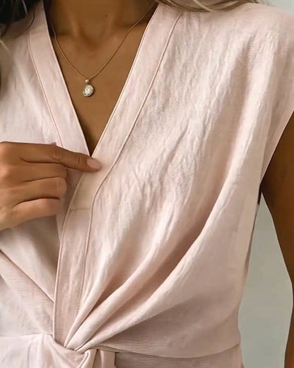 Knotted V-Neck Sleeveless Blouse