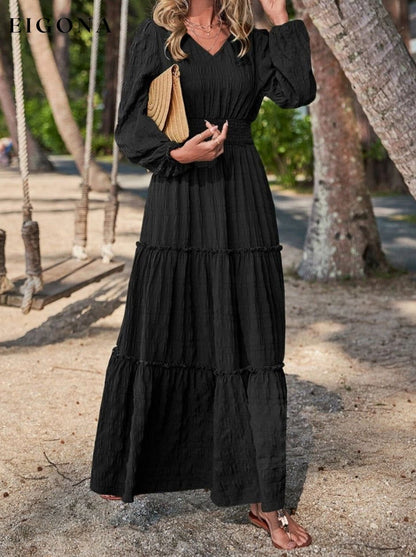 Smocked Waist V-Neck Maxi Dress Black clothes dress dresses G@S long dress maxi dress Ship From Overseas Shipping Delay 09/29/2023 - 10/04/2023