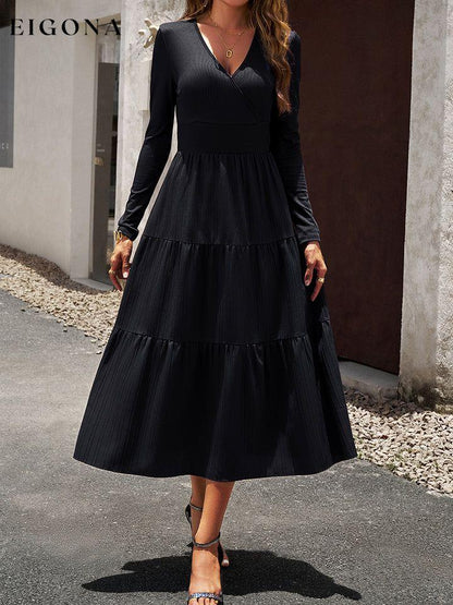 Surplice Neck Long Sleeve Smocked Waist Midi Dress clothes DY Ship From Overseas trend