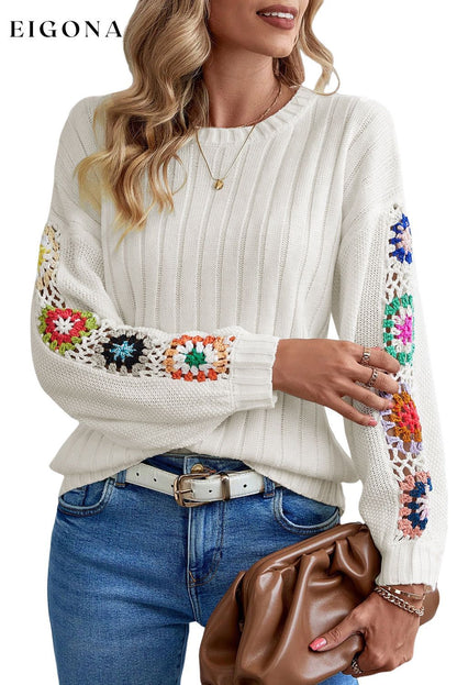 White Floral Crochet Sleeve Ribbed Knit Sweater All In Stock clothes Craft Crochet Fabric Ribbed Occasion Daily Print Floral Print Solid Color Print Vintage Floral Season Fall & Autumn Style Southern Belle Sweater sweaters Sweatshirt