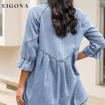 Light Blue Ruffled 3/4 Sleeve Buttoned Front Plus Size Denim Dress All In Stock casual dress casual dresses clothes Color Blue dress dresses EDM Monthly Recomend Fabric Denim long sleeve dress long sleeve dresses Print Solid Color Season Fall & Autumn short dresses Style Southern Belle