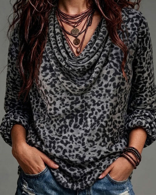 Mock Neck Leopard Long Sleeve Blouse 2024 f/w blouses & shirts spring