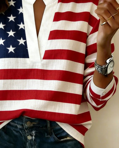 Flag Print Mandarin Collar V-Neck Blouse