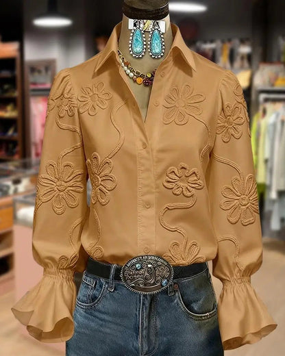 Flower Flare Sleeve Mandarin Collar Shirt