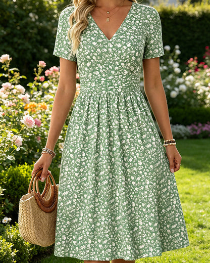 V-Neck Short SleeveTiny Floral Dress