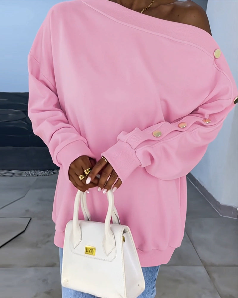One-Shoulder Button Long Sleeve Sweatshirt