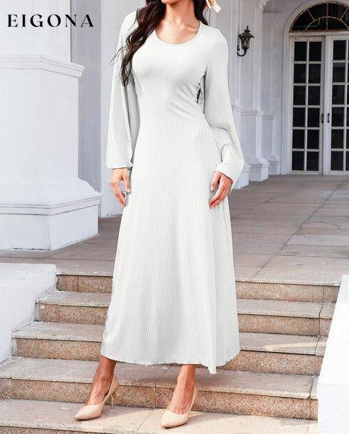 Tie Back Ribbed Round Neck Long Sleeve Dress White casual dresses clothes dresses long sleeve dress long sleeve dresses maxi dress Ship From Overseas Y&M