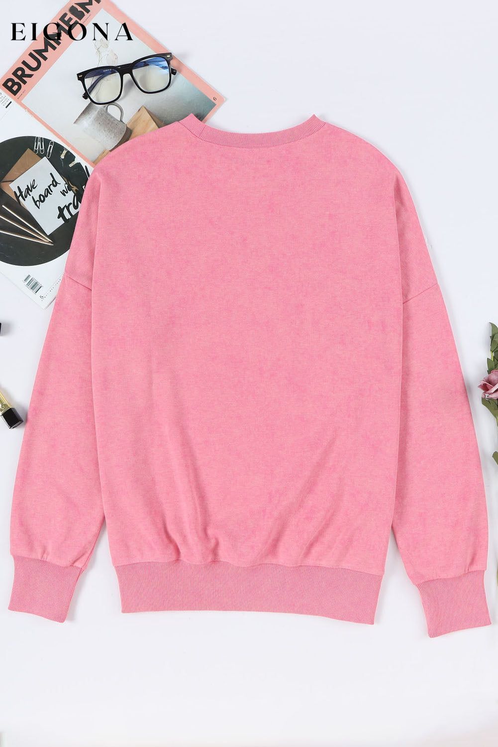 Pink Drop Shoulder Ribbed Trim Oversized Sweatshirt All In Stock Best Sellers clothes Day Valentine's Day DL Chic DL Exclusive Early Fall Collection EDM Monthly Recomend Occasion Daily Print Solid Color Season Winter Style Casual sweater sweaters