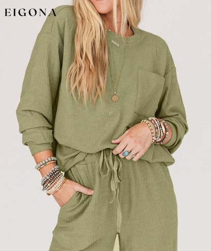 Long Sleeve Top Drawstring Joggers Set (Top and Bottoms included) All In Stock clothes Color Green lounge wear sets loungewear sets Occasion Home Print Solid Color Season Winter sets Style Casual