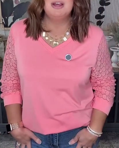 Three-Quarter Sleeve Lace Panel V-Neck Blouse