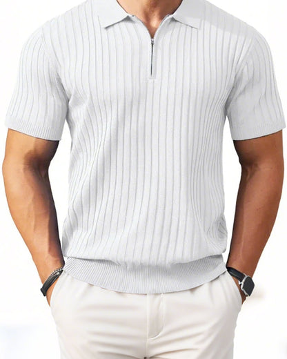 Men's Zipper Short Sleeve Ribbed Knit Polo T Shirts Golf Shirts