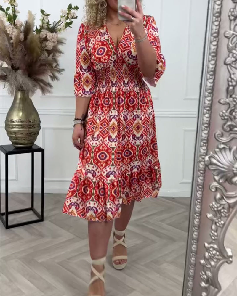 Deep V bell sleeve printed dress casual dresses spring summer vacation dresses