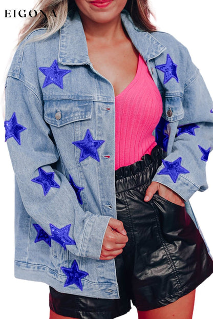 Bluing Sequin Star Flap Pocket Denim Jacket All In Stock Category Shacket clothes Color Blue Craft Sequin EDM Monthly Recomend Fabric Denim Hot picks Occasion Daily Season Fall & Autumn Style Western