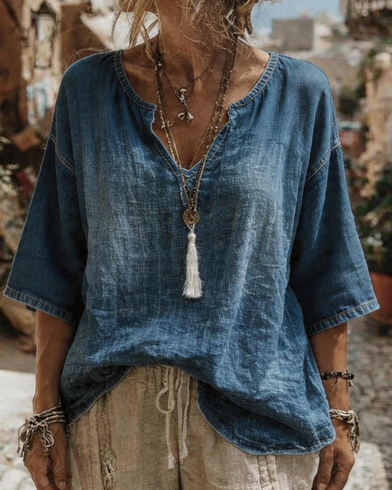 V-Neck Denim Half Sleeve Top