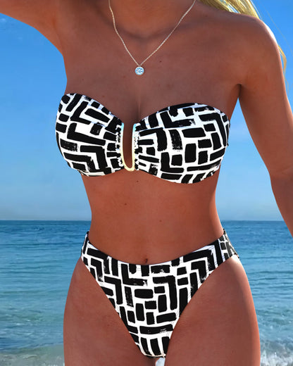 Strapless Geometric Print Bandeau Bikini