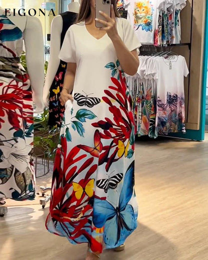 Butterfly print V-neck casual long dress casual dresses spring summer