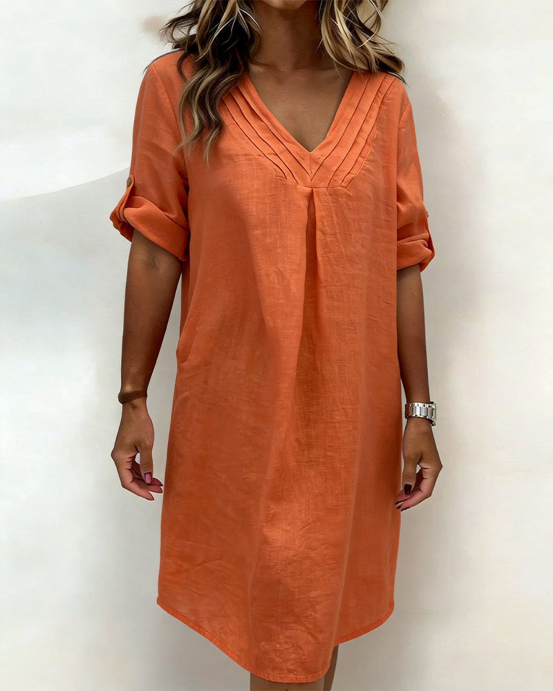 V-Neck Pleated Cotton-Linen Dress