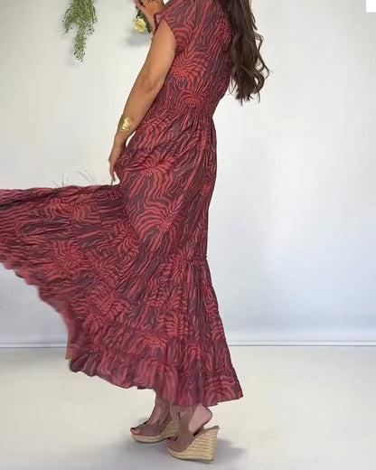 Bohemian V-Neck Pleated Long Dress