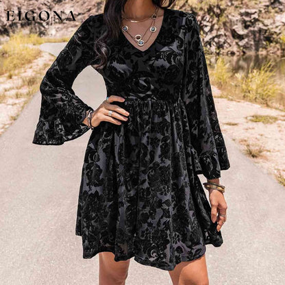 Floral V-Neck Flare Sleeve Mini Dress clothes H.R.Z Ship From Overseas