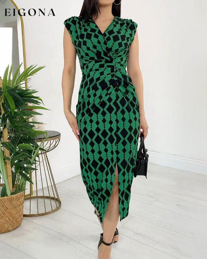 Geometric print sleeveless pleated elegant dress casual dresses Summer