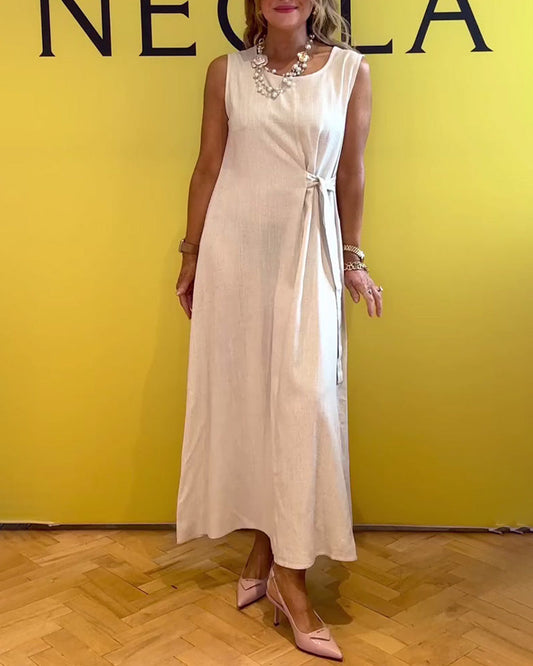 Sleeveless Cotton And Linen Waist Solid Color Dress