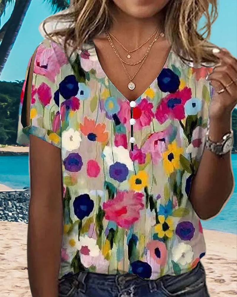 Colorful flower short-sleeved casual blouse