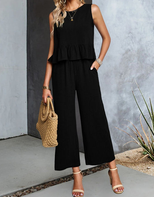 Decorative Button Ruffle Hem Tank and Pants Set Black clothes DY sets Ship From Overseas trend