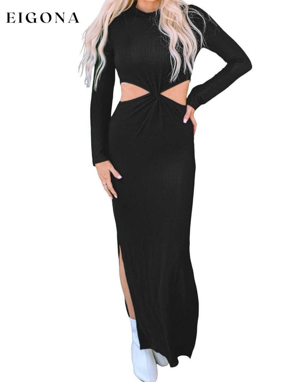Black Ribbed Twist Cutout Long Sleeve Dress All In Stock clothes Detail Cut Out dresses Hot picks long sleeve dresses maxi dress Occasion Daily Season Fall & Autumn Silhouette Bodycon Style Southern Belle