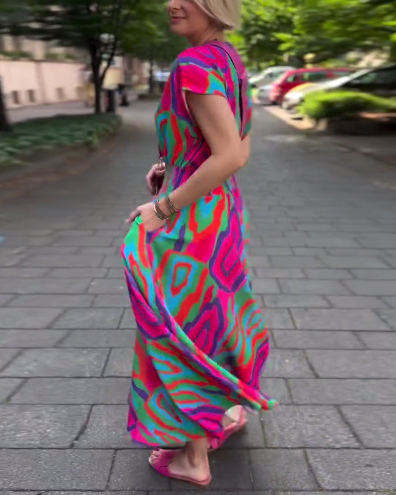 Colorful printed V-neck raglan sleeves long dress casual dresses spring summer