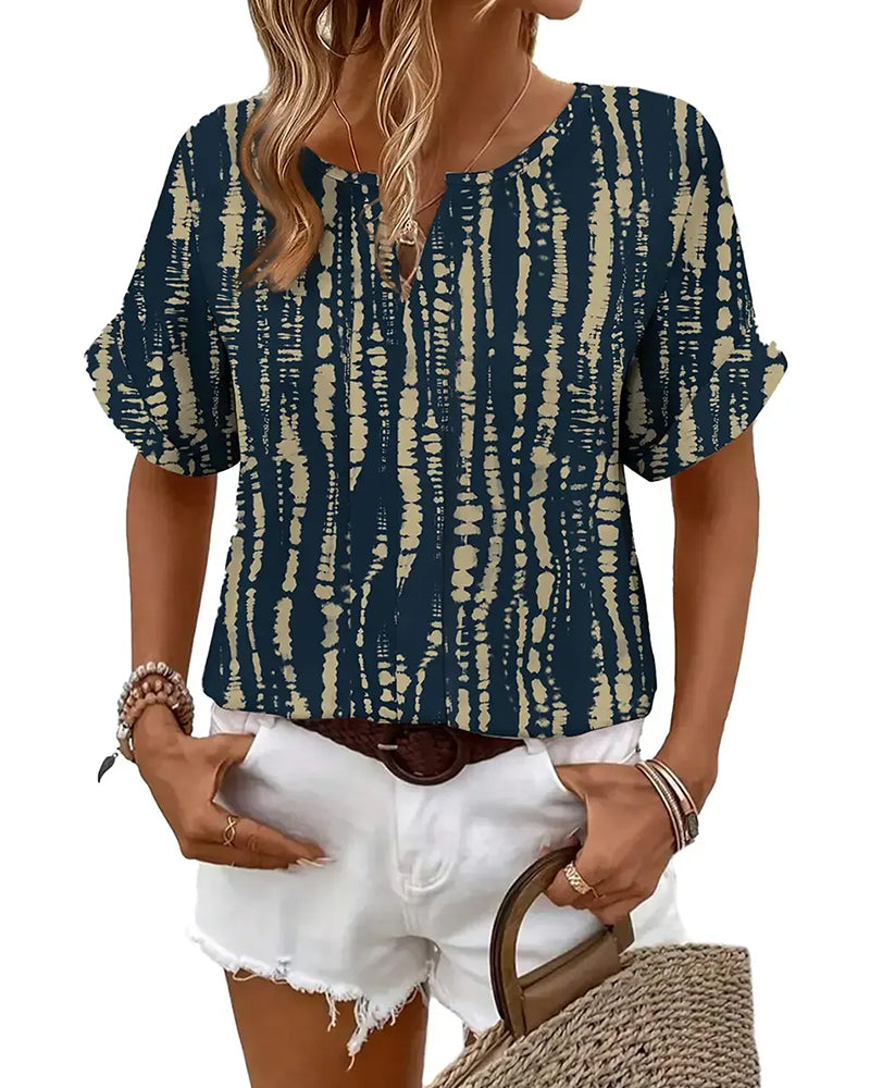 Tie-Dye Vertical Stripe Pattern Short Sleeve Blouse