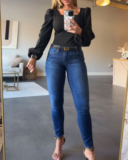 Puff Sleeve Square Collar Splicing Blouse