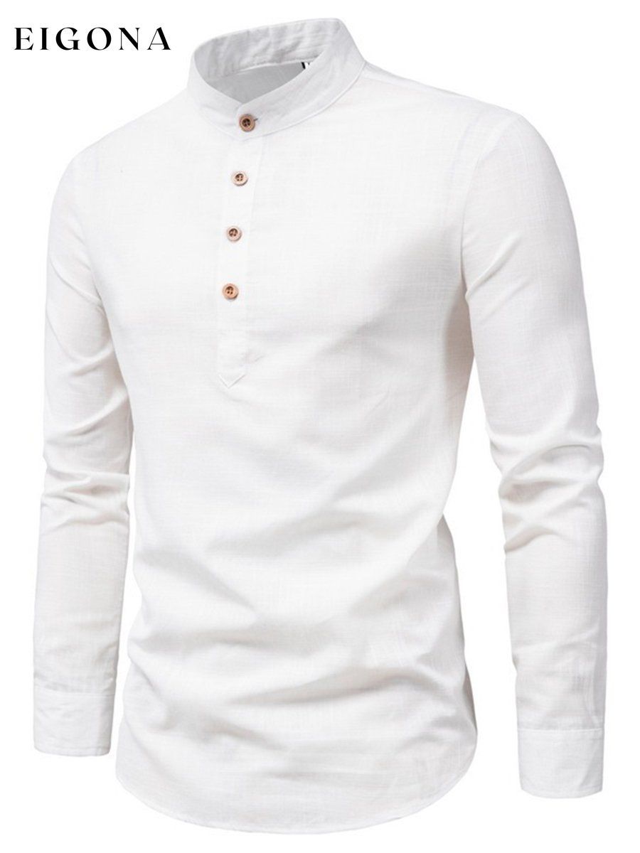 Men's Solid Color Button Stand Collar Long Sleeve Cotton Linen POLO Shirt men s linens