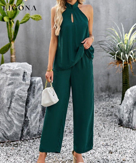 Halter Neck Top and Straight Leg Pants Set Green clothes DY sets Ship From Overseas trend