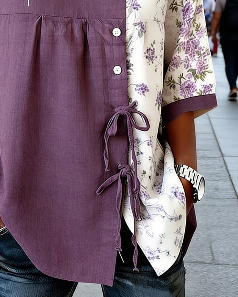 Asymmetrical Spliced Floral Color-Block Blouse