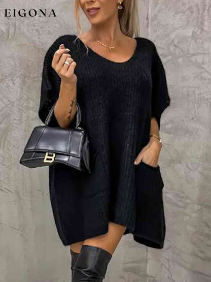 Short Sleeve Sweater Dress with Pockets Black A@Y@M clothes Ship From Overseas