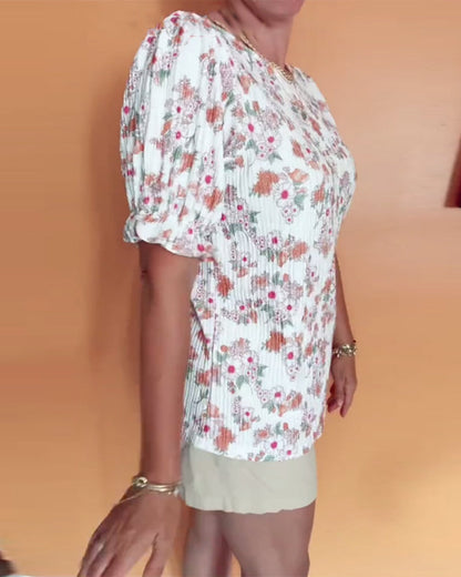 Round Neck Floral Short Sleeve Blouse