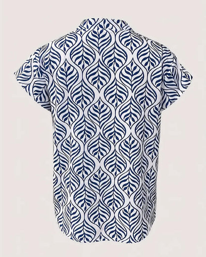 Stand Collar Leaf Print Short Sleeve Blouse