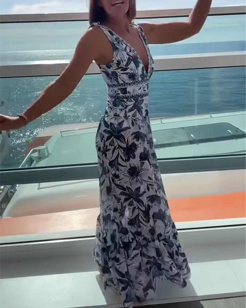 Vacation-Style Printed Deep V-Neck One-Piece Set