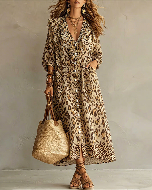 Leopard Print Ruffle Hem Maxi Dress