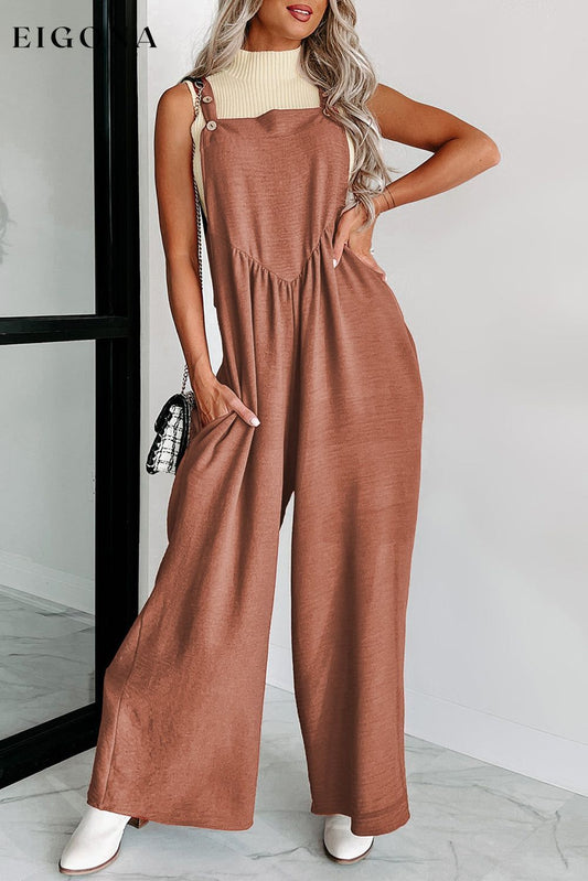 Gold Flame Textured Buttoned Straps Ruched Wide Leg Jumpsuit Gold Flame 65%Cotton+33%polyester+2%Elastane clothes JUMPSUITS & ROMPERS Rompers