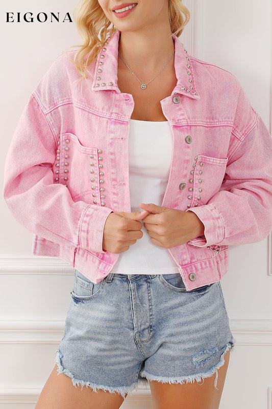 Pink Rivet Studded Pocketed Pink Denim Jacket Pink 100%Cotton All In Stock Category Shacket clothes Color Pink Craft Rhinestone Day Valentine's Day Fabric Denim Jackets & Coats Occasion Daily Print Solid Color Season Winter