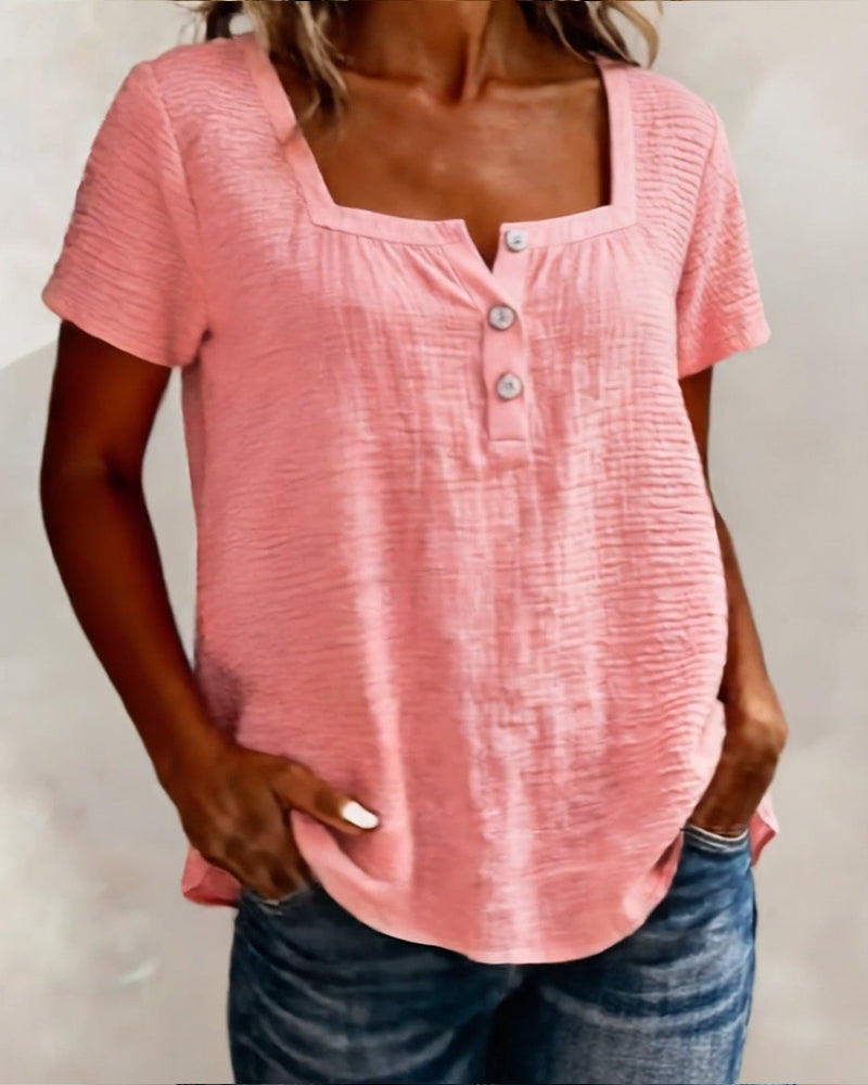 Textured Square Neck Short Sleeve T-Shirt